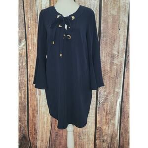 Trina Turk Size 6 Navy Blue Bell Sleeve Tie Front Dress